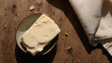 An overhead shot captures a block of creamy butter resting on a small, rustic plate, accompanied by a textured linen napkin on a wooden surface, highlighting a simple, natural aesthetic.の素材