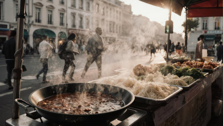 A vibrant street food stall on a bustling European city street with steam rising from a large wok. People walk by the market stand in the warm afternoon sunlight.の素材