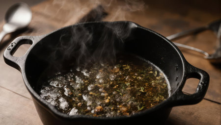 A close-up shot of a black cast iron pot filled with a simmering, steaming liquid, possibly a sauce or stew, resting on a textured wooden surface.の素材