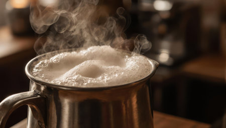 A close-up view of water at a rolling boil in a stainless steel pot. White foam and bubbles churn as hot steam rises into the air against a dark, warm background.の素材