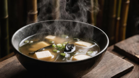 A close-up of a steaming bowl of miso soup, featuring tofu cubes, seaweed, and garnished with green onions, set against a blurred bamboo background.の素材