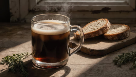 A clear glass mug filled with dark, steaming coffee sits on a rustic wooden table, accompanied by two slices of sourdough bread.の素材