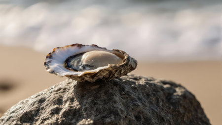 A close up shot of a fresh raw oyster in its shell placed on a textured rock. The background shows a blurry sandy beach and ocean scene in natural daylight.の素材