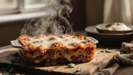 A delicious freshly baked lasagna casserole steaming in a glass dish, served on a rustic wooden table with warm, natural light from a window in the background.の素材