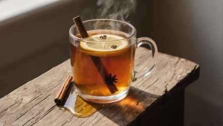 A comforting hot toddy in a glass mug, infused with cinnamon sticks, lemon slices, and star anise, emitting steam on a weathered wooden surface.の素材