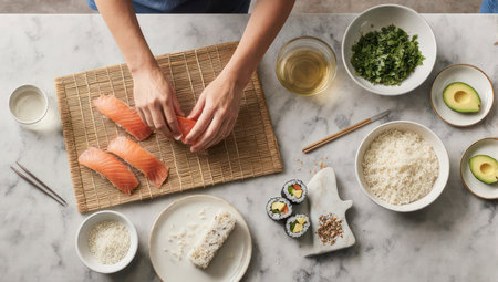 Overhead shot of a person preparing sushi with fresh ingredients like salmon, avocado, and rice, showcasing the art of sushi making.の素材