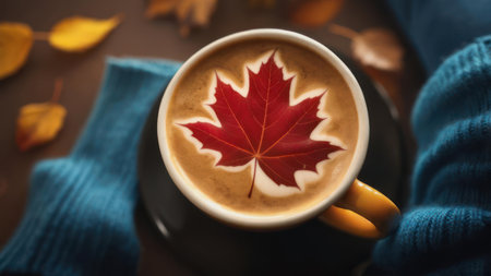 Autumn coffee with maple leaf artの素材