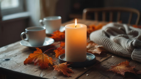 Autumnal ambiance on a wooden tableの素材
