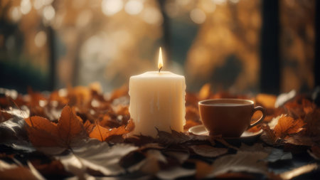 Autumnal peace with candle and coffeeの素材