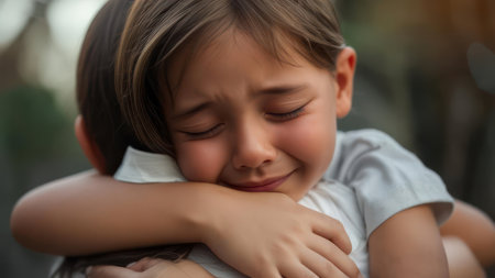 Child crying embracedの素材