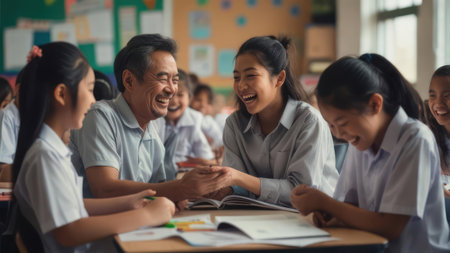 Classroom joy; happy students and teacherの素材