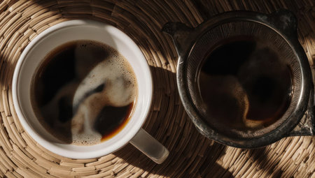 Overhead shot of two cups, one with cream swirling in dark coffee, the other a clear view of black coffee, set on a textured woven surface.の素材