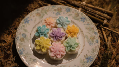 A plate of pastel colored flower shaped Thai desserts, arranged on a decorative plate with a floral pattern, sitting on a bed of moss.の素材