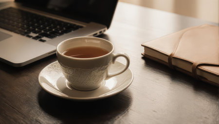 A warm cup of tea sits beside a laptop and notebook, creating a comfortable and productive workspace atmosphere.の素材
