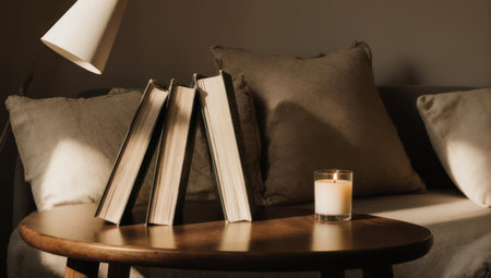 A warm and inviting scene featuring books, a candle, and soft lighting, creating a cozy atmosphere perfect for reading and relaxation.の素材