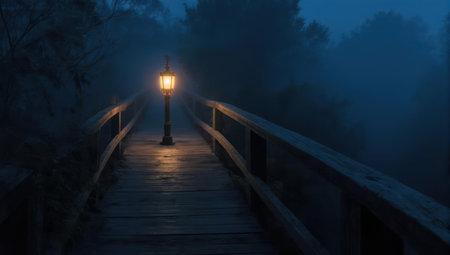 A wooden bridge is lit by a single lamp post in the middle of a foggy night, creating an eerie and mysterious atmosphere.の素材