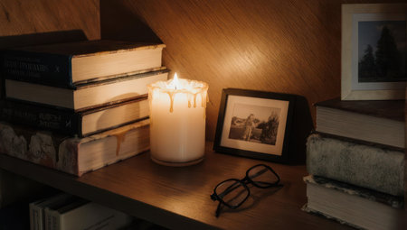 A warm and inviting still life featuring stacked books, a lit candle, eyeglasses, and framed photos, creating a cozy and nostalgic atmosphere.の素材