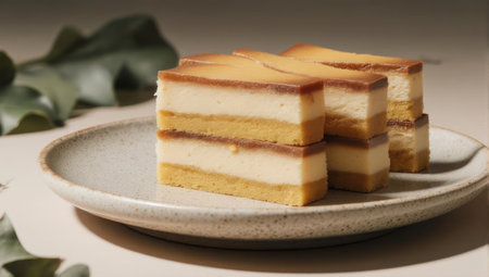 Close-up of three slices of layered cake on a white plate, showcasing the textures and colors under soft, natural lighting. A modern and minimalist dessert presentation.の素材