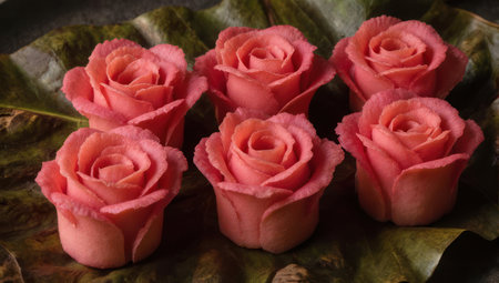 A stunning display of pink rose carvings resting on vibrant green leaves, showcasing intricate detail and natural beauty in a captivating floral arrangement.の素材