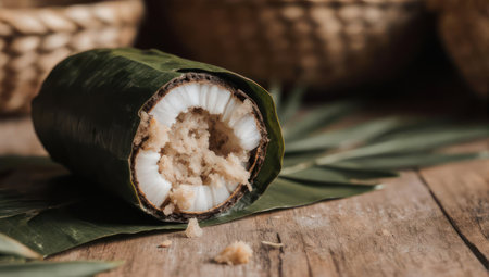 A close-up of Tupig, a Filipino rice cake, showcasing its unique presentation in banana leaves and its delicious filling.の素材