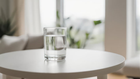 A clear glass filled with water sits on a white round table, illuminated by natural light from a nearby window, creating a refreshing and serene scene.の素材