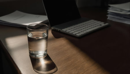 A glass of water sits on a desk next to a laptop, illuminated by a ray of light, creating a stark contrast.の素材