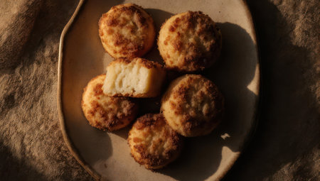 A close-up shot of golden cheese buns arranged on a plate, bathed in warm light, showcasing their texture and inviting appeal.の素材