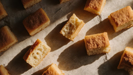 An overhead shot showcases a collection of golden brown, cube-shaped baked goods, arranged on a textured surface, casting long shadows in the light.の素材