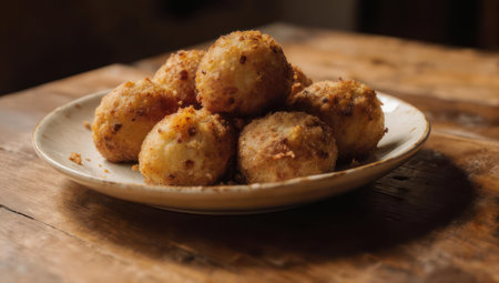 A plate of golden fried hushpuppies sits on a rustic wooden table, showcasing their crispy texture and inviting appearance.の素材