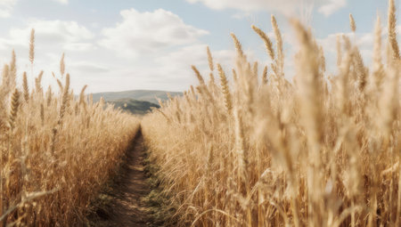 A path cuts through a golden wheat field under a partly cloudy sky, leading towards distant hills, capturing the essence of rural tranquility.の素材