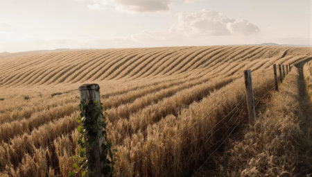 A vast golden wheat field stretches to the horizon, bordered by a rustic wooden fence under a bright, slightly cloudy sky.の素材