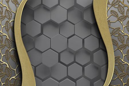 3d illustration of black background with golden pattern and honeycomb.