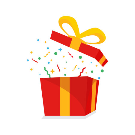 surprise Red gift box, birthday celebration, special give away package, loyalty program reward, wonder gift with exclamation mark, vector icon, flat illustration
のイラスト素材