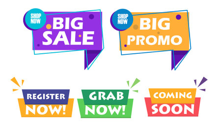 Set of vector badges and stickers big sale, big promo, register now, grab now, coming soon vector graphicのイラスト素材