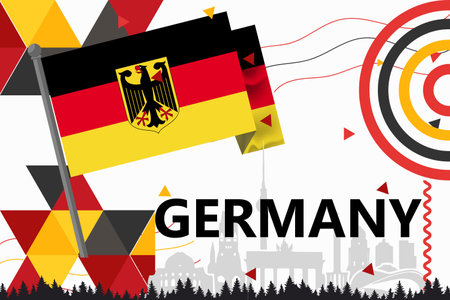 Germany National day or Deutschland banner abstract geometric shapes, berlin landscape landmarks. German flag and map. Red yellowのイラスト素材