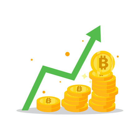 golden bitcoin coins stack and up arrow. Flat vector icon isolated on white. Economy, finance, money symbol. Currency pictogram. Vector illustration. decreaseのイラスト素材