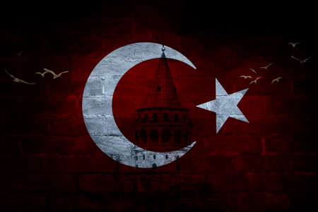 Turkey, Flag, Galata Towerの写真素材