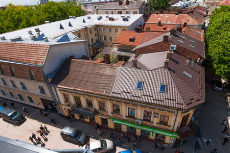 The center of Ivano-Frankivsk, Ukraine, in spring 2016. Narrow streets and old buildings.のeditorial素材