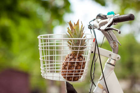 Pineapple in bike basket green blurred background bokehの写真素材