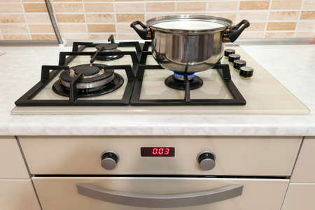 Close-up of stainless steel cooking pot on gas stove in contemporary upscale modern  home kitchen....