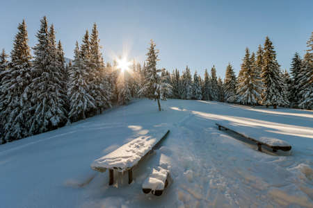 Panorama of winter mountains with houses of shepherds. Carpathians, Ukraine, Europe. Fantastic winter landscape.  Creative collage. Beauty world.の写真素材