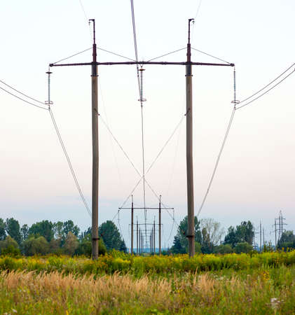 Electricity Pylons Trailing Away in Field. Power-transmission poles in the  nature environment.の写真素材