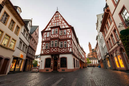 Old architecture houses in the center of Mainz city near Frankfurt am Main, Germanyの写真素材