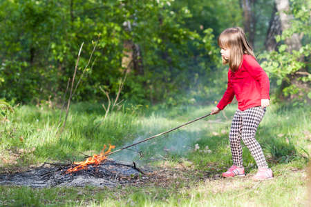 Little girl child in forest playing with bonfire.の写真素材
