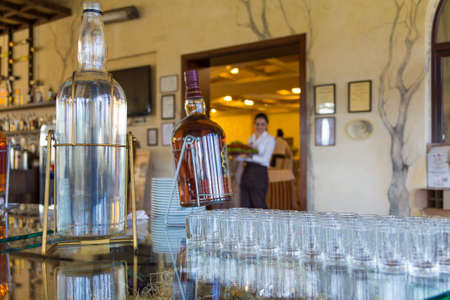 Many empty vine glasses on bar tableのeditorial素材