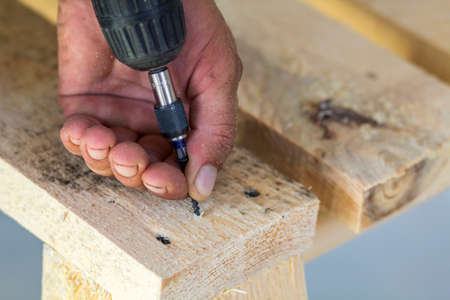 Workers hand with electric screwdriver screwing a screw into wooden boardの写真素材