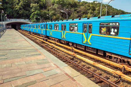 Kiev, Ukraine - September 20, 2017: Merto train cars near tunnel exitのeditorial素材