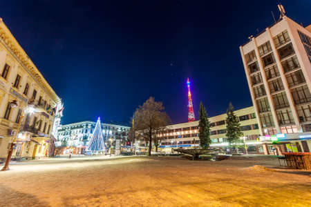 Ivano-Frankivsk, Ukraine - January 1, 2017: New Year pine tree during winter holidays in the center of the city an nightのeditorial素材