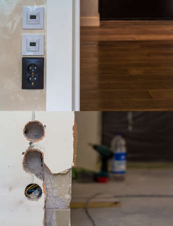Electric socket and warm floor heater control panels on the wall in new renovated room. Before and after result image.の写真素材