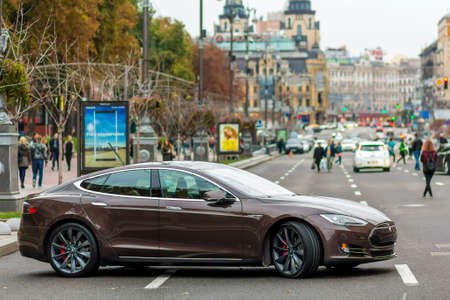 Kiev, Ukraine - September 20, 2017: Modern electric car on the street. Tesla Type S is one of the...